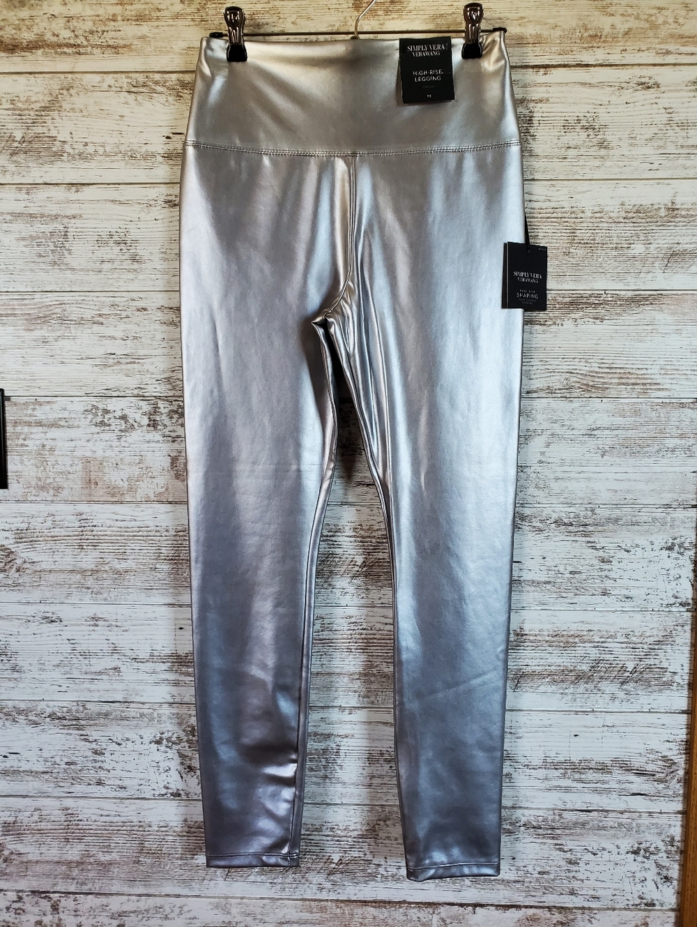 Simply Vera Wang Metallic Silver High Rise Faux Leather Unisex Leggings NWT
